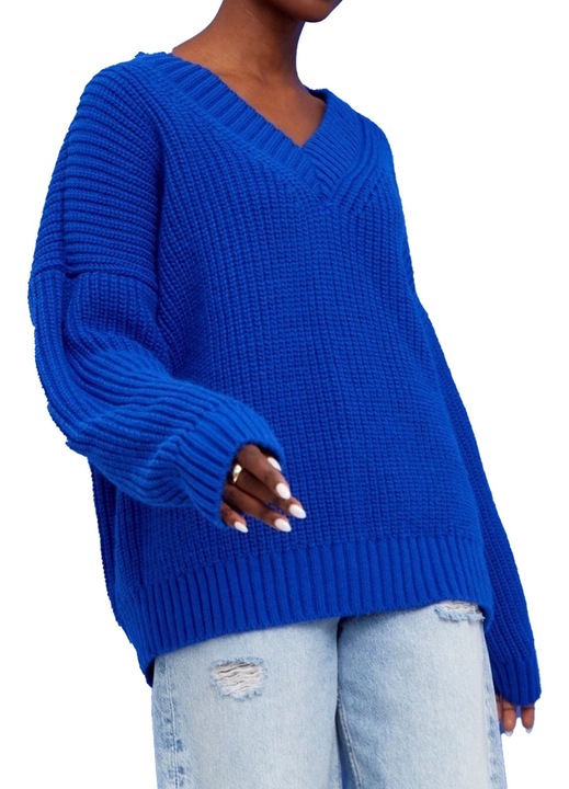 Női pulóver, kötött, V-nyakú, bő fazonú, kék, S INTL