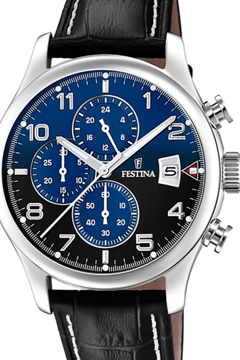 Festina, Аналогов часовник с кожена каишка, Сребрист, Черен, Тъмносин