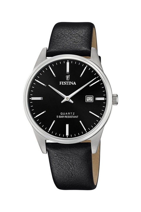 Festina, Часовник с кожена каишка и лого, Сребрист, Черен