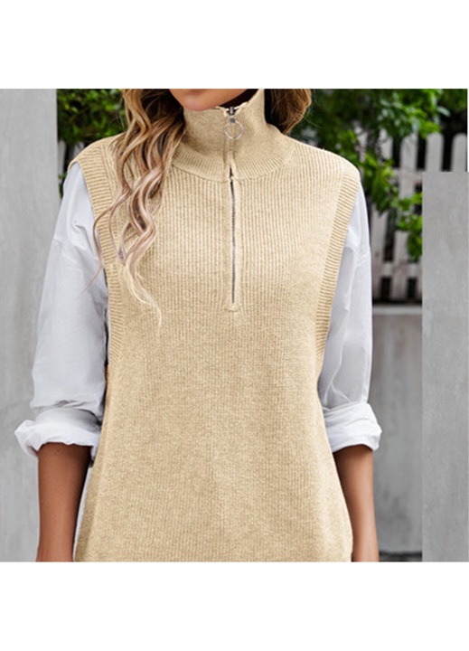 Női kötött mellény, ujjatlan, cipzárral, viszkóz, bézs, S INTL