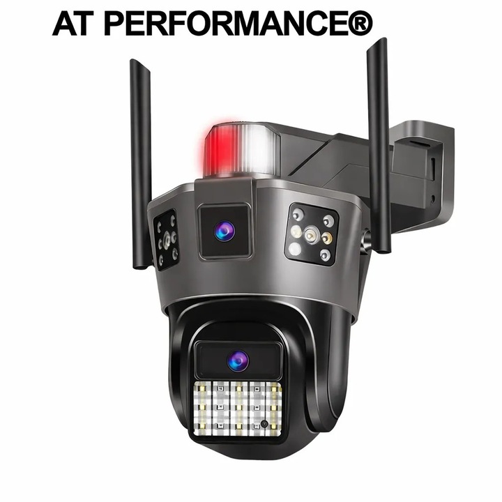Camera de supraveghere dubla 5K, AT PERFORMANCE®, 4G, 9MP, PTZ, CCTV, exterior/interior, ultra HD, rotire 360, leduri, lumina, infrarosu, alarma, senzor miscare, comunicare bidirectionala