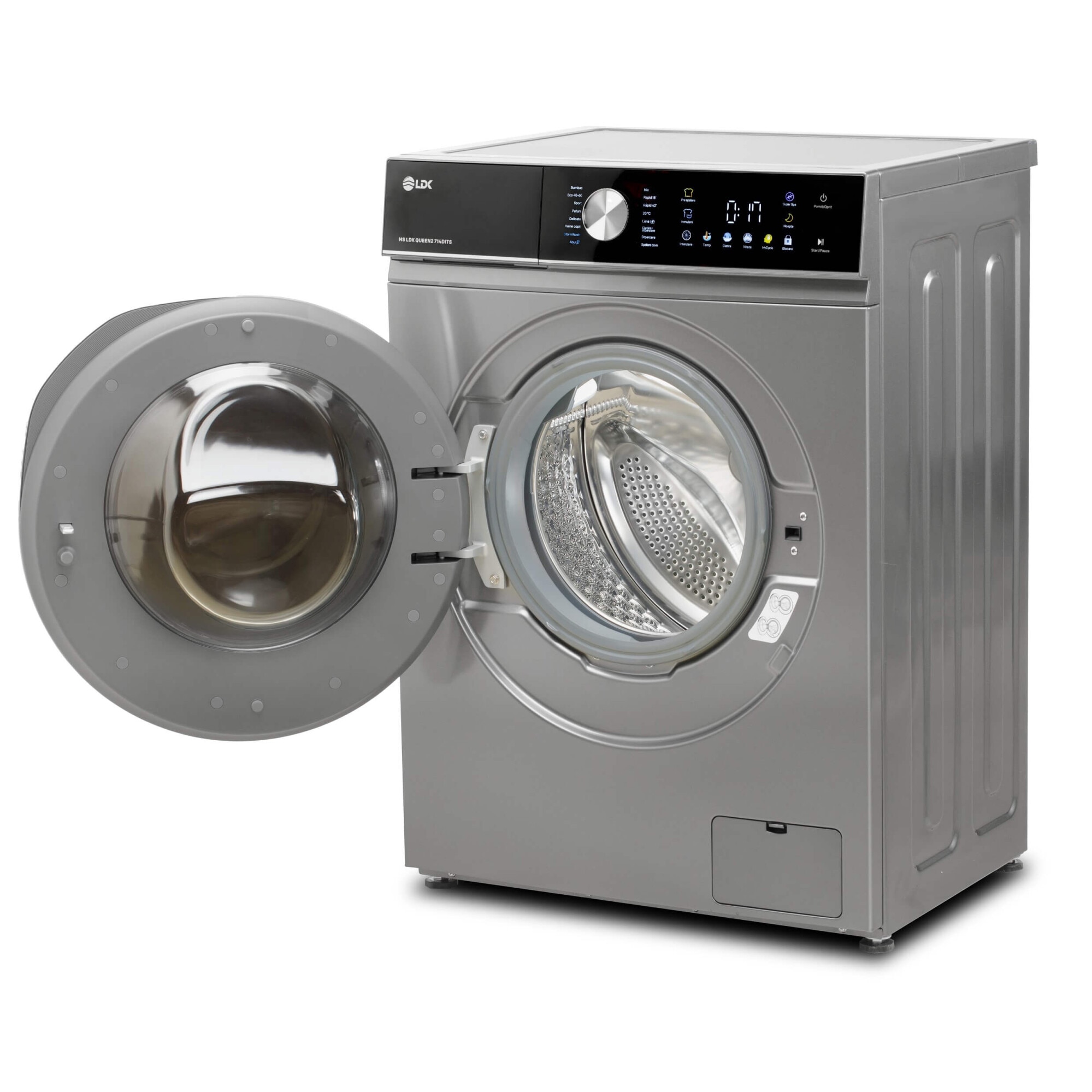 Masina de spalat rufe LDK Queen 714DITS, 7 Kg, Clasa A, 1400 rpm, 16 programe, Control Touch, Steam, Super Spa, Storm Wash, Night wash, My Cycle, Amanare pornire, Motor Inverter, Argintiu