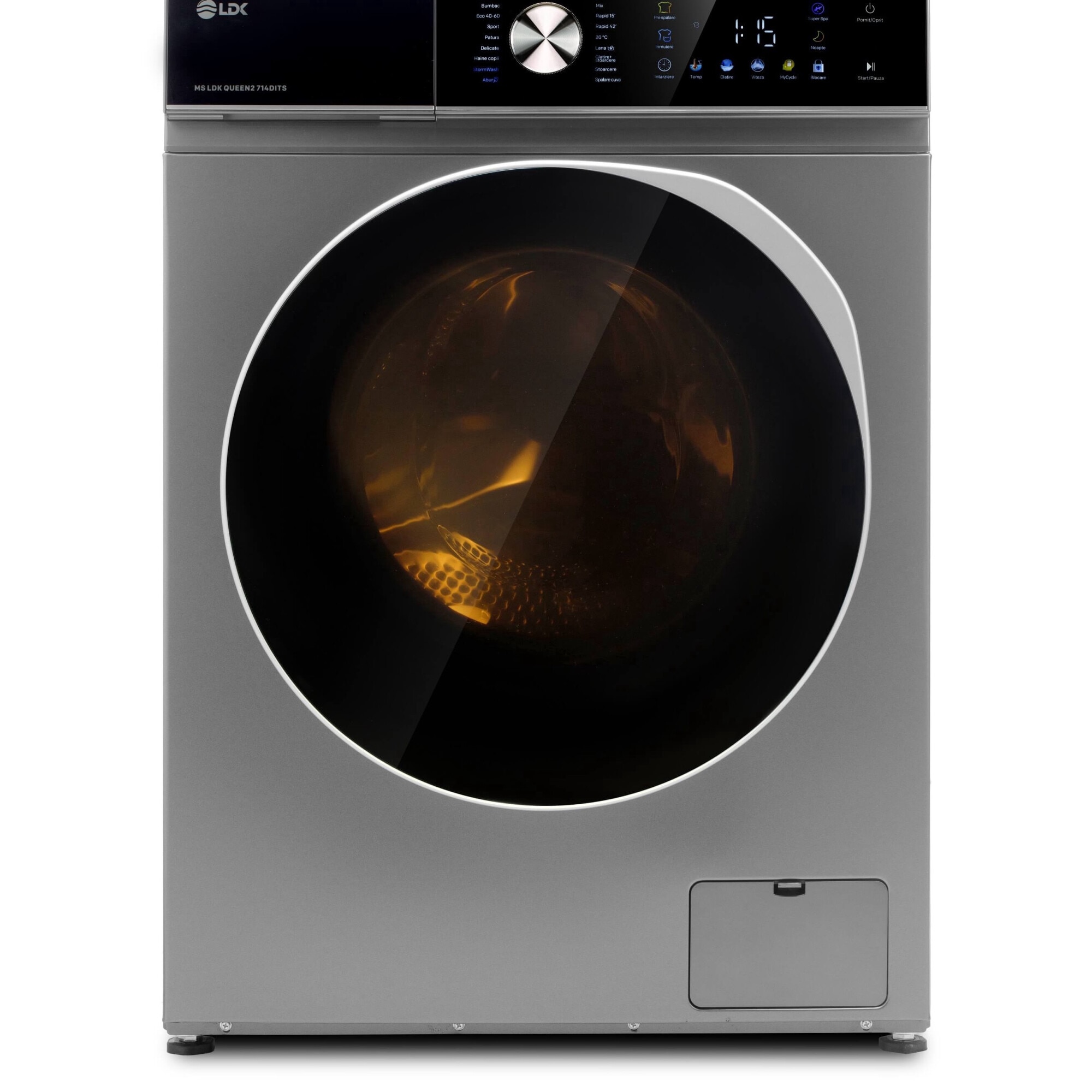 Masina de spalat rufe LDK Queen 714DITS, 7 Kg, Clasa A, 1400 rpm, 16 programe, Control Touch, Steam, Super Spa, Storm Wash, Night wash, My Cycle, Amanare pornire, Motor Inverter, Argintiu