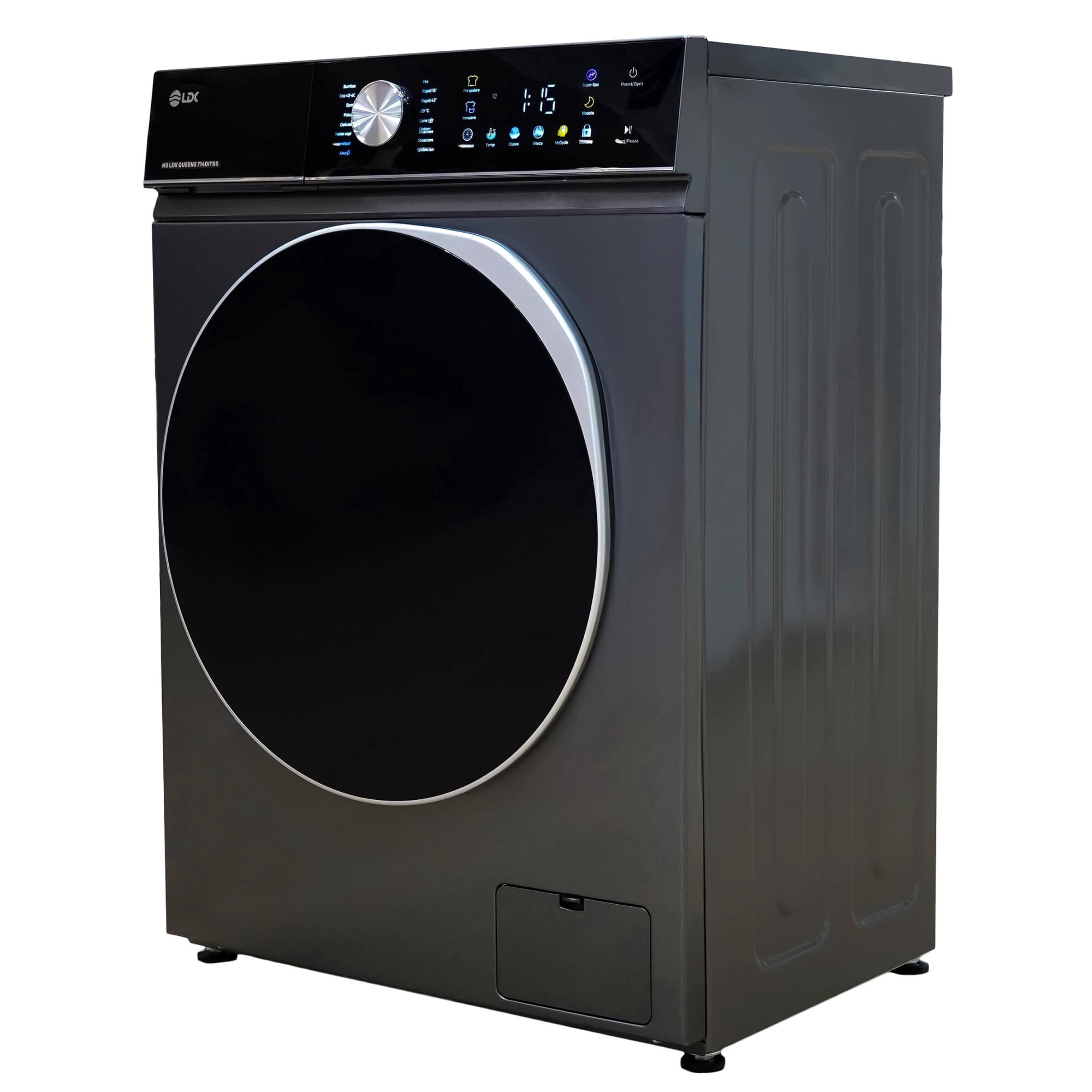 Masina de spalat rufe LDK Queen 714DITSS, 7 Kg, Clasa A, 1400 rpm, 16 programe, Control Touch, Steam, Super Spa, Storm Wash, Night wash, My Cycle, Amanare pornire, Motor Inverter, Antracit