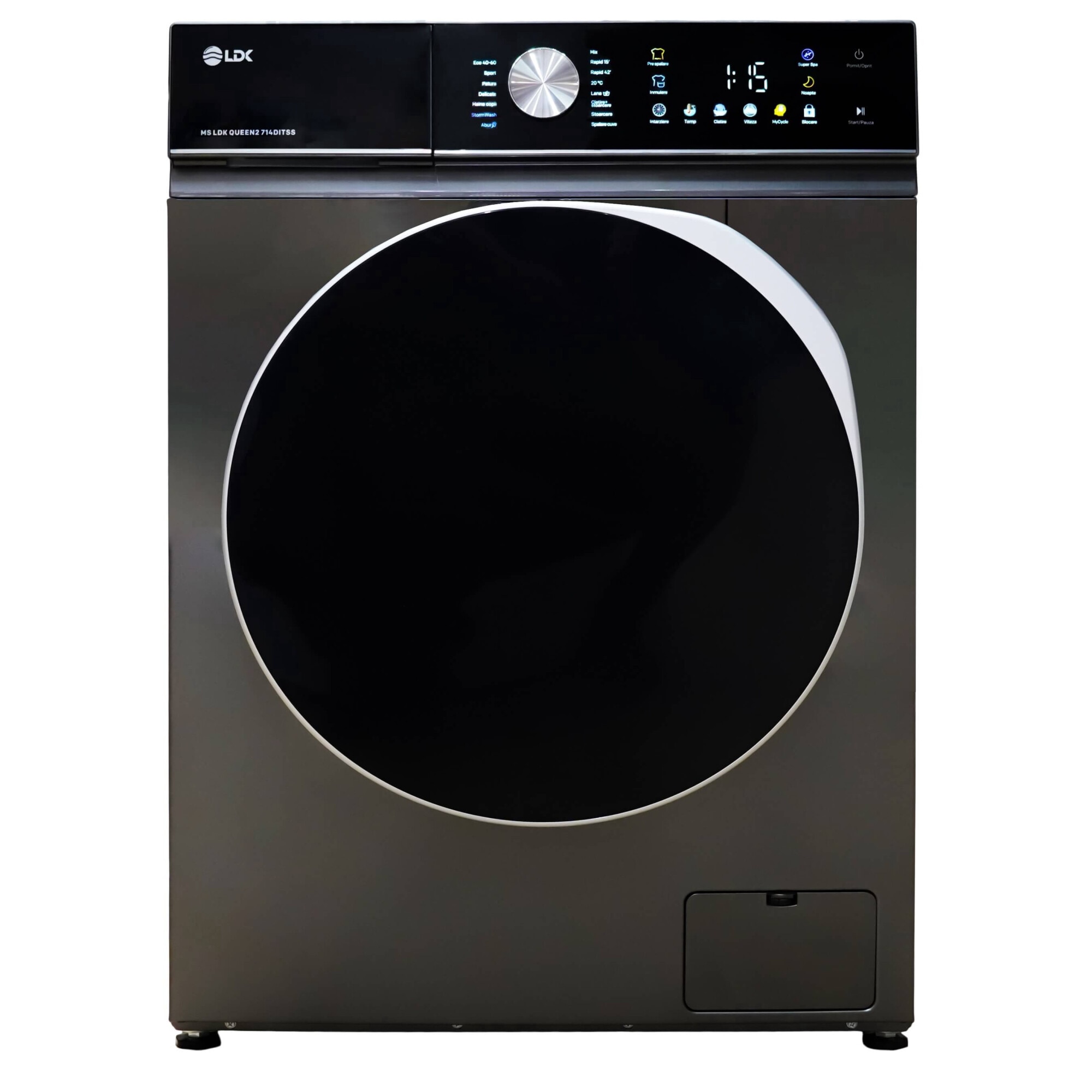 Masina de spalat rufe LDK Queen 714DITSS, 7 Kg, Clasa A, 1400 rpm, 16 programe, Control Touch, Steam, Super Spa, Storm Wash, Night wash, My Cycle, Amanare pornire, Motor Inverter, Antracit