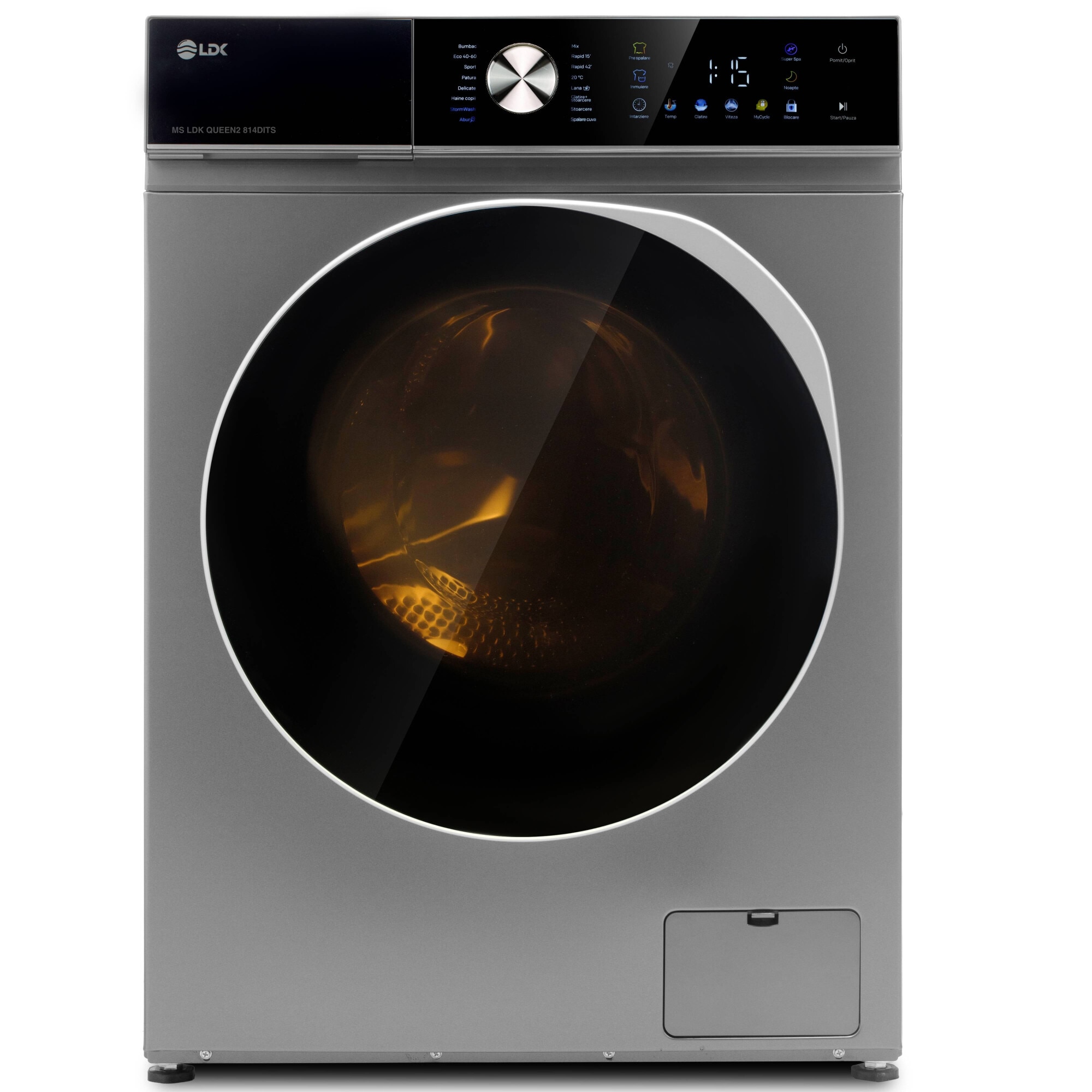 Masina de spalat rufe LDK Queen 814DITS, 8 Kg, Clasa A, 1400 rpm, 16 programe, Control Touch, Steam, Super Spa, Storm Wash, Night wash, My Cycle, Amanare pornire, Motor Inverter, Argintiu