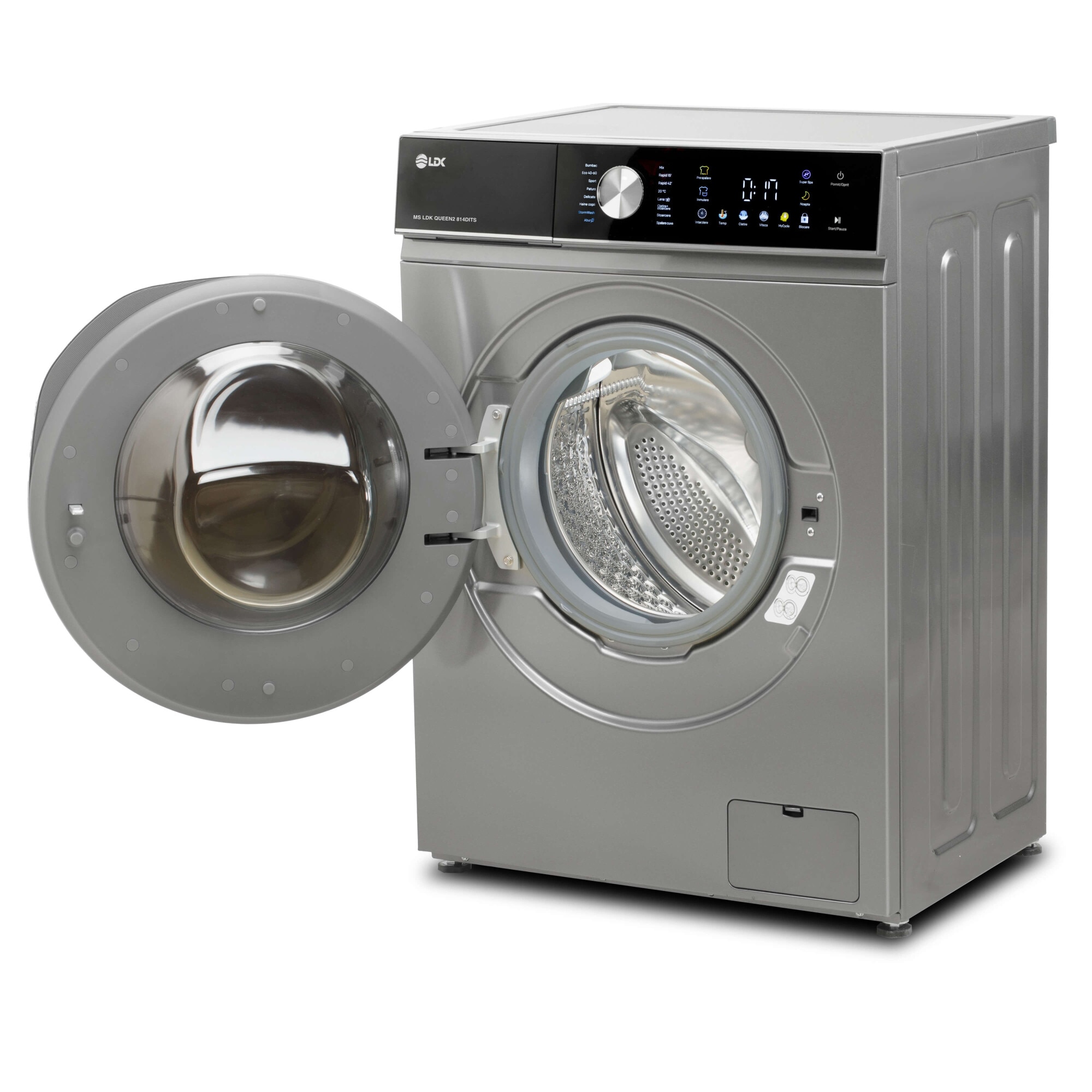 Masina de spalat rufe LDK Queen 814DITS, 8 Kg, Clasa A, 1400 rpm, 16 programe, Control Touch, Steam, Super Spa, Storm Wash, Night wash, My Cycle, Amanare pornire, Motor Inverter, Argintiu