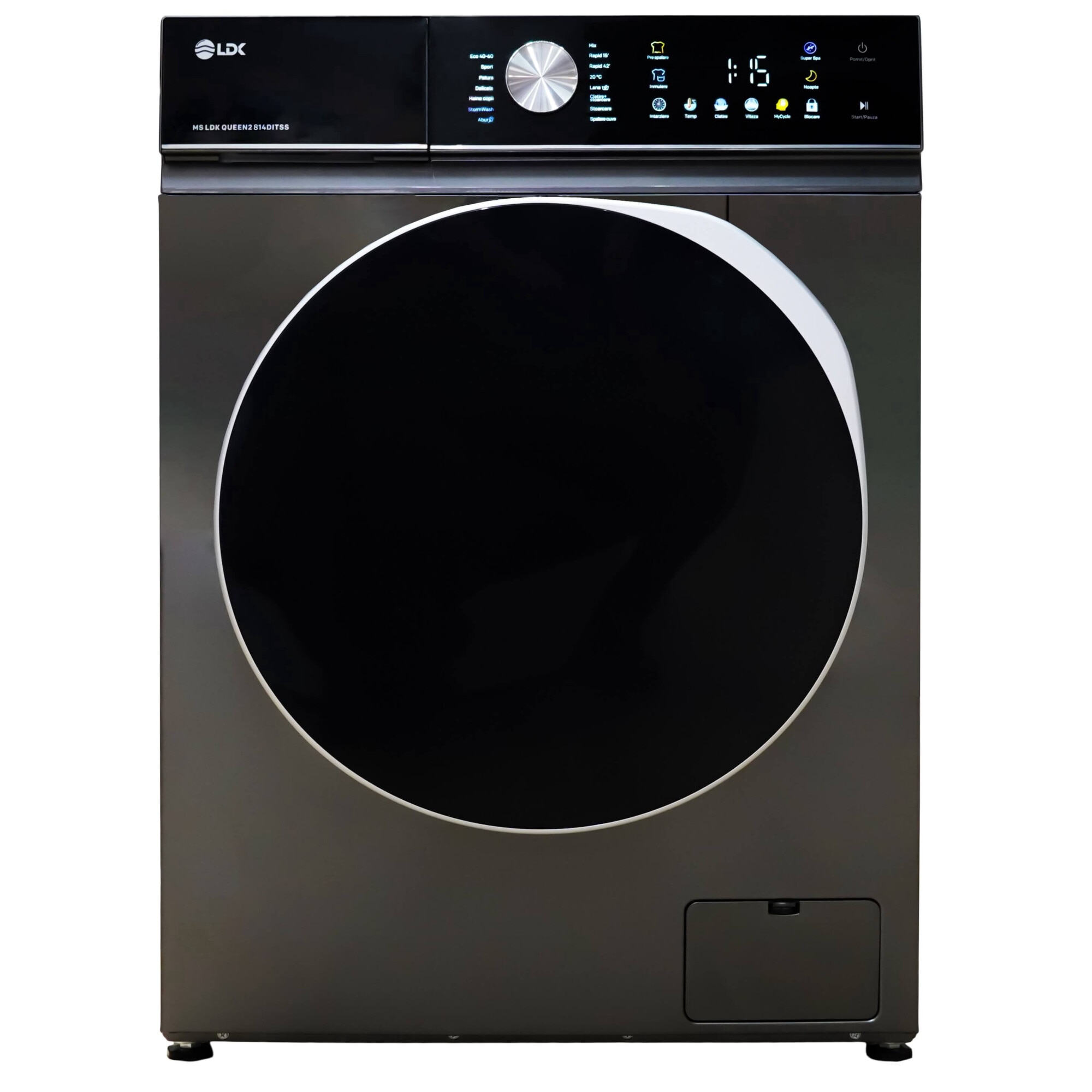 Masina de spalat rufe LDK Queen 814DITSS, 8 Kg, Clasa A, 1400 rpm, 16 programe, Control Touch, Steam, Super Spa, Storm Wash, Night wash, My Cycle, Amanare pornire, Motor Inverter, Antracit