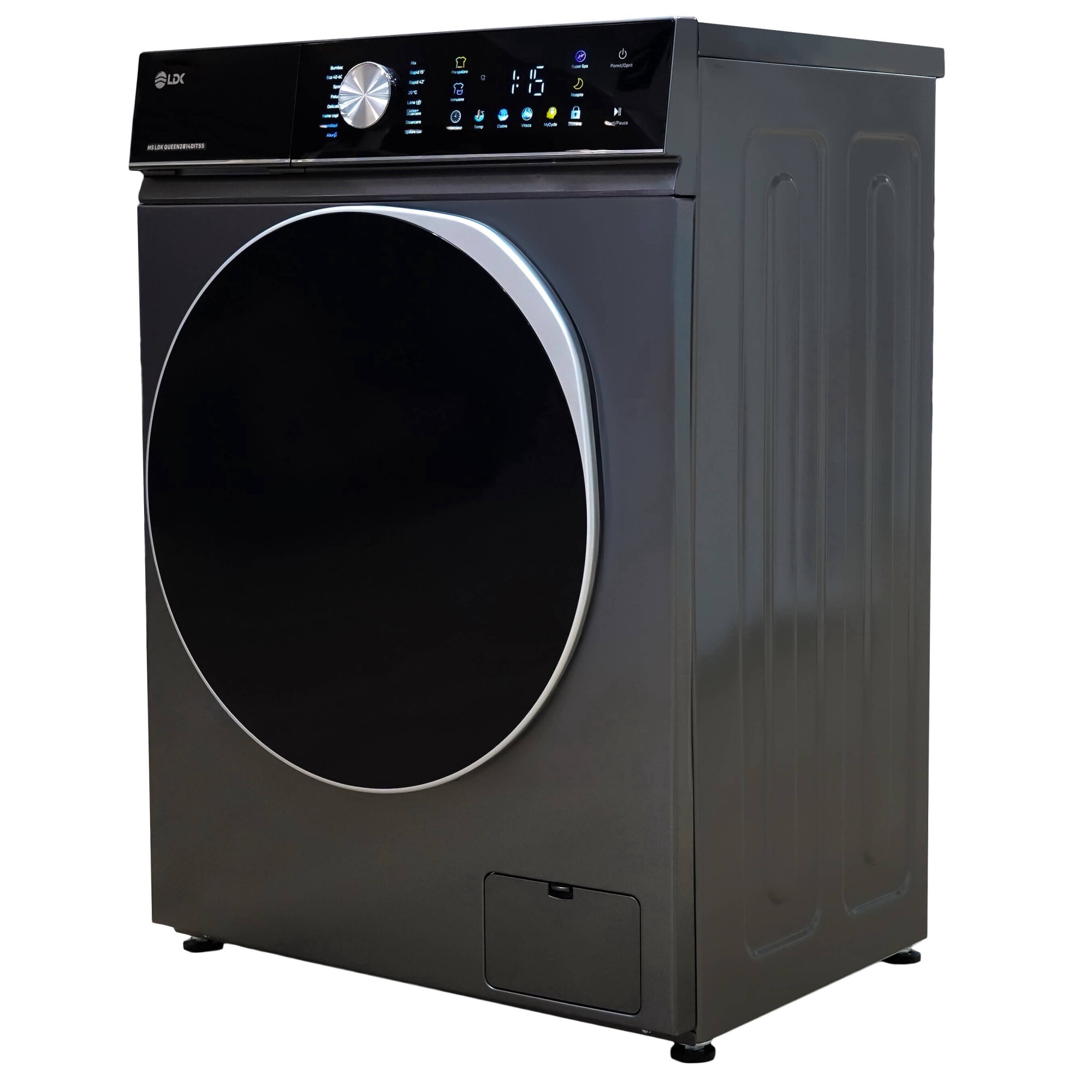 Masina de spalat rufe LDK Queen 814DITSS, 8 Kg, Clasa A, 1400 rpm, 16 programe, Control Touch, Steam, Super Spa, Storm Wash, Night wash, My Cycle, Amanare pornire, Motor Inverter, Antracit