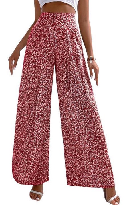 Női kiszélesedő nadrág, virágmintás, magas derekú, piros, poliészter