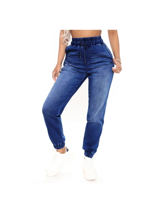 Дамски дънки, с ластик на талията, джобове, тъмно сини, деним, L INTL