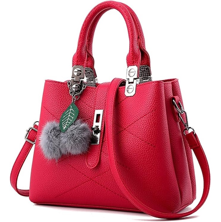 Poseta eleganta de mana rosie din piele PU, cu 3 compartimente si curea de umar