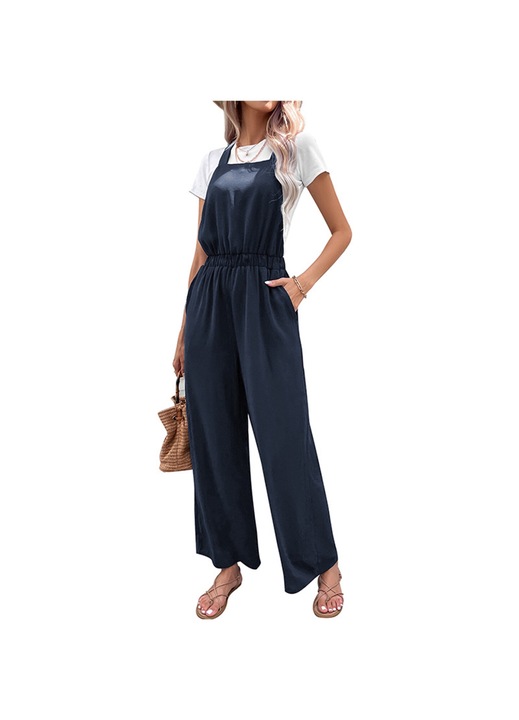 Női jumpsuit, széles szárú, gumírozott derék, lila kék, poliészter, S INTL