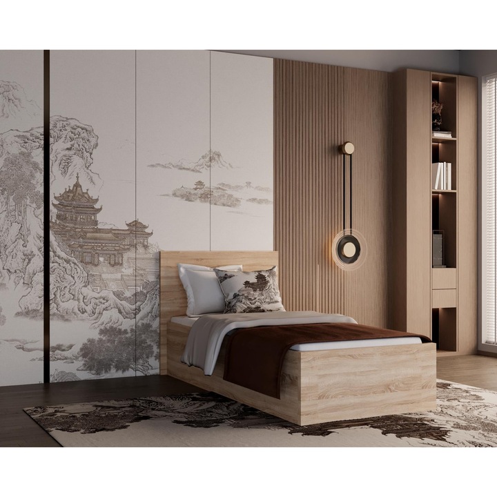 Pat 1 persoana, cu saltea, 90x200 cm, Stejar Sonoma, Pal 18 mm