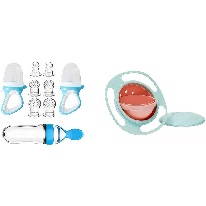 Бебешка залъгалка, комплект дозатори за бебешка храна, WG, 1 лъжица с резервоар, 2 залъгалки, 6 биберона, син