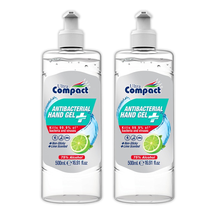 Set 2 x Gel Dezinfectant si Antibacterian pentru Maini ULTRA COMPACT, 2 x 500 ml – Non-Lipicios, Protectie Antibacteriana, 1000 ml