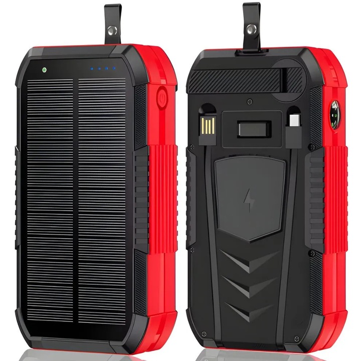 Baterie Externa Solara Linomag®, Power Bank 40000 mAh, 2 cabluri, 4 porturi, Incarcare wireless, Busola & Lanterna incorporate, Incarcare rapida, Waterproof, Ideala pentru Calatorii si Camping, Negru/Rosu