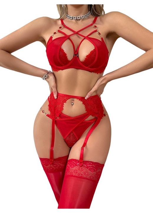 Set lenjerie sexy dantela, 3 piese, Rosu