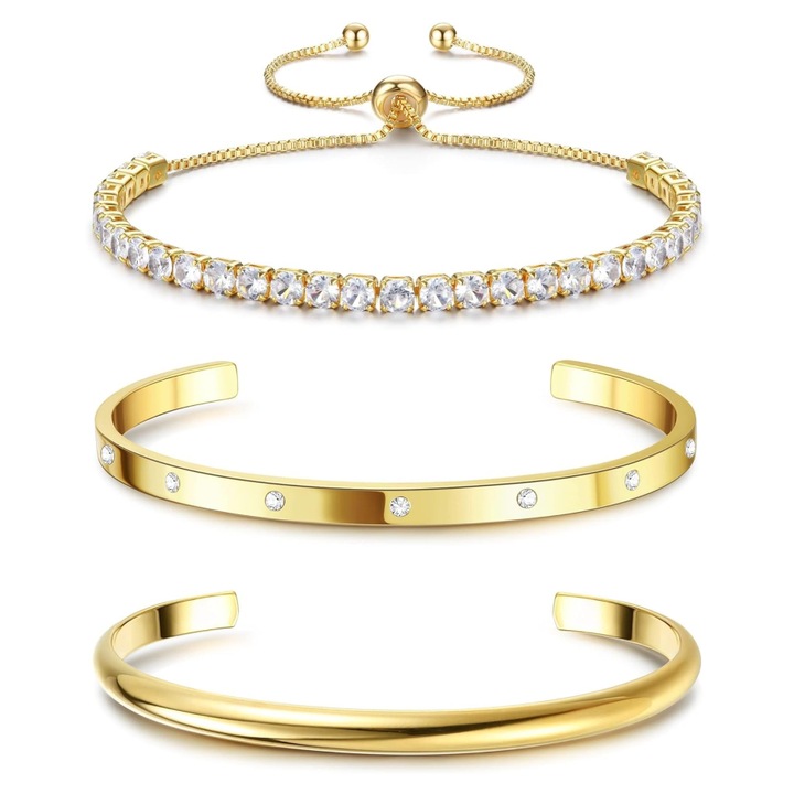 Set de 3 bratari femei, placat cu aur 14K, ajustabile, Bijuterii moderne, auriu