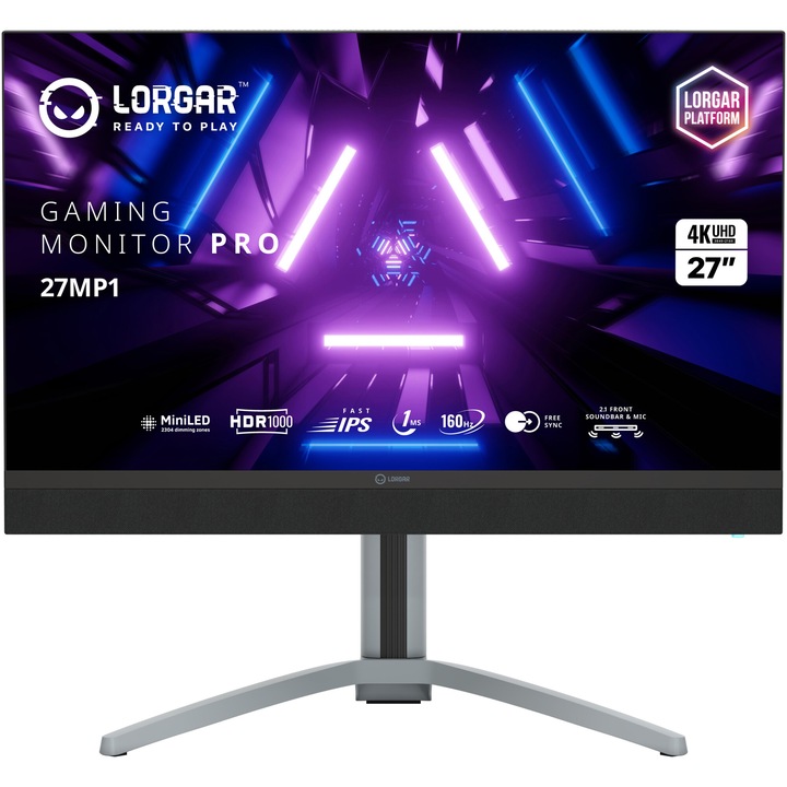 Lorgar Pro 27MP1 MiniLED IPS gaming monitor, 27", 4K UHD (3840x2160), 160 Hz, 1 ms, AMD FreeSync™, NVIDIA G-Sync™ kompatibilis, HDR 1000, RGB világítás, 2.1 hangszórók, USB Type-C, Hub USB, 2x HDMI, Display Port, Jack, Pivot, VESA, Fekete/Szürke