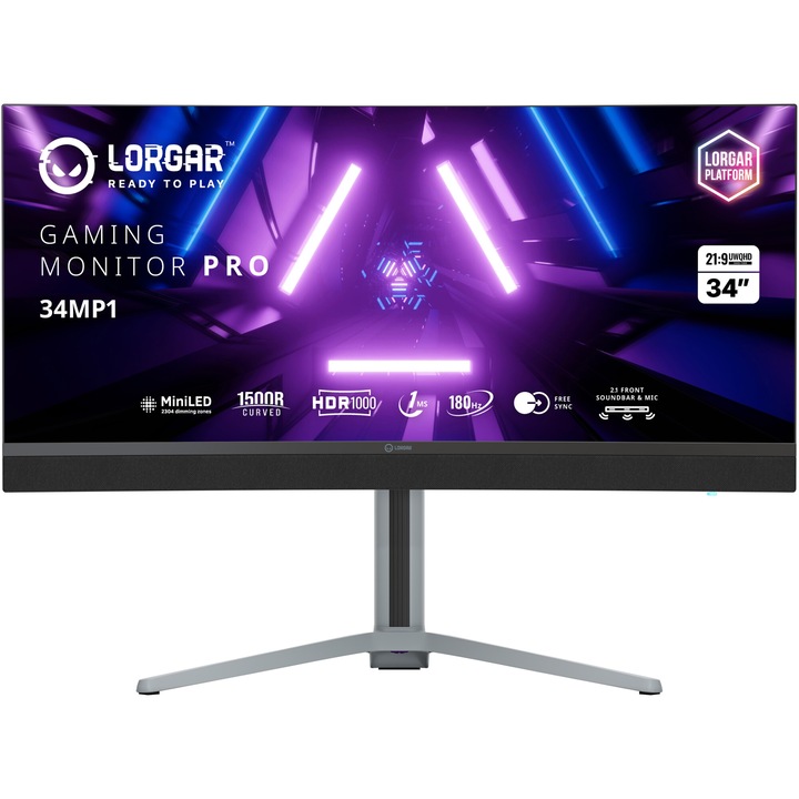 Lorgar Pro 34MP1 MiniLED VA íves gaming monitor, 34" UWQHD (3440x1440), 180Hz, 1ms, AMD FreeSync™, NVIDIA G-Sync™ kompatibilis, HDR 1000, 1500R, RGB világítás, 2.1 hangszórók, USB Type-C, Hub USB, 2x HDMI, Display Port, Jack, Pivot, VESA, Fekete/Szürke