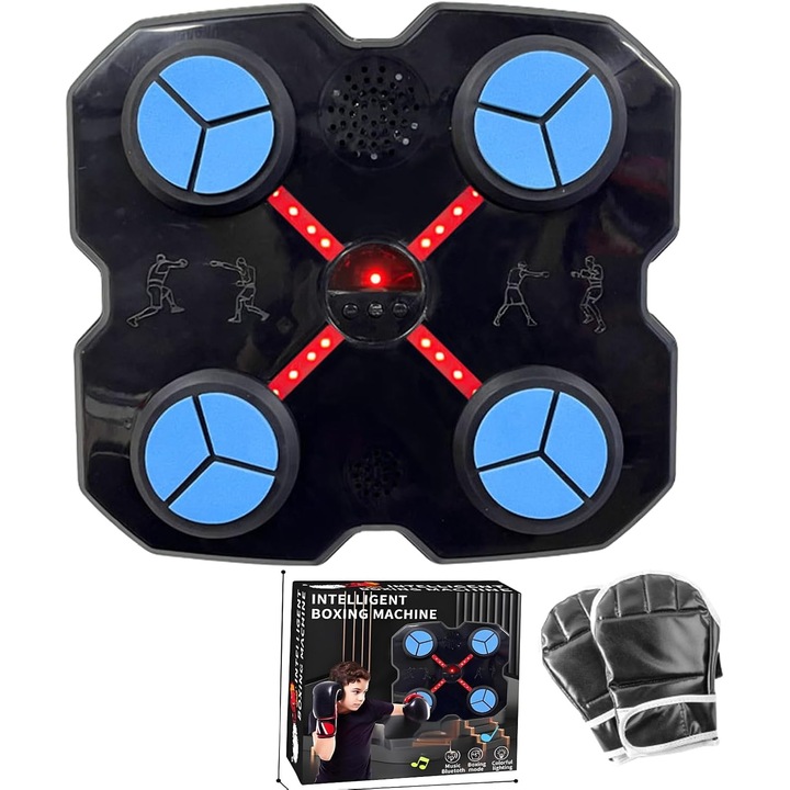 Aparat de Box Muzical Electronic, Conexiune Bluetooth, 9 viteze ajustabile, Cu Manusi incluse, Montare usoara pe perete, Interactivitate Si feedback, Design modern, ideal pentru distractie si motivatie, Negru, BUGHY'S