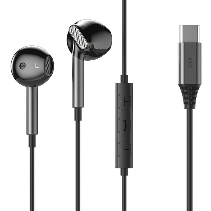 Слушалки с кабел Type-C, KINSI, In-ear, удобни за носене, 1,2 м, черни