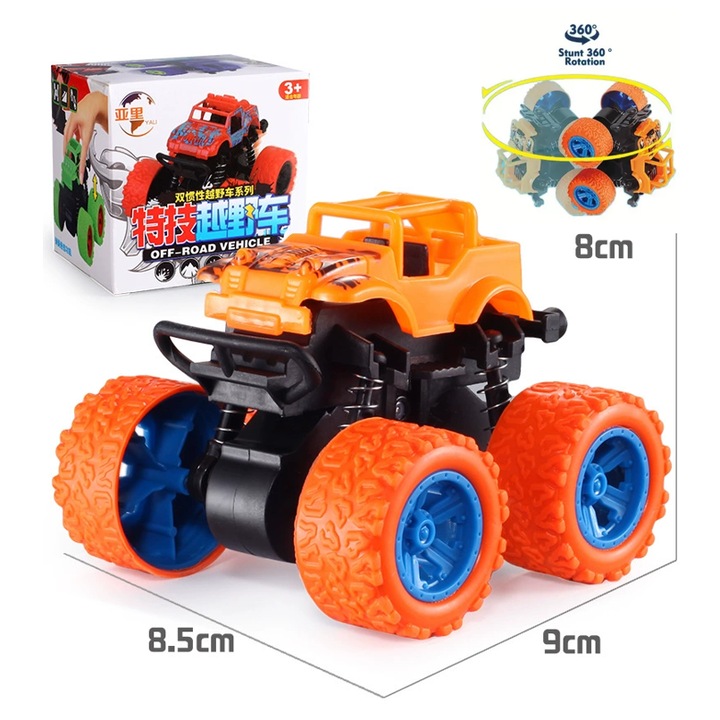 Masinuta Monster Truck, Vehicule de teren, 360 grade rotire, constructie rezistenta, pentru interior si exterior, Portocaliu