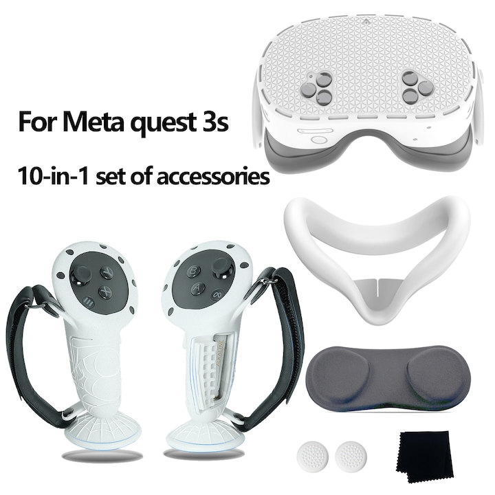 Силиконов защитен калъф, за Meta Quest 3S, комплект аксесоари 10 в 1 VR, водоустойчив и устойчив на надраскване, бял