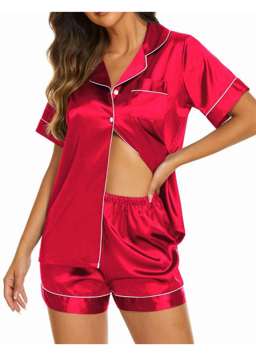 Pijama dama satin HIDARLING, satin moale, model cu nasturi si buzunar, Rosu, M