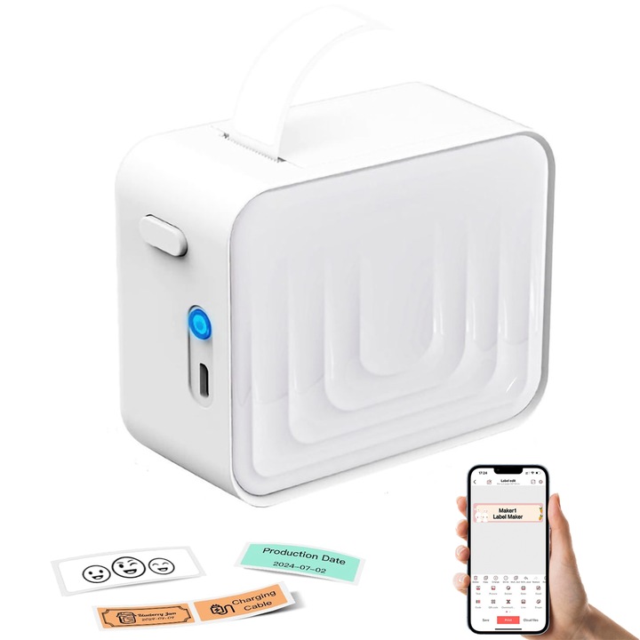Termikus címkézőgép, Quietzi, Bluetooth csatlakozás, tintamentes nyomtatás, újratölthető, feliratozószalaggal, 1200 mAh, hordozható, 9,5 × 7,5 × 4 cm, könnyen használható, otthonra, iskolába, kereskedelmi irodába, ABS, fehér