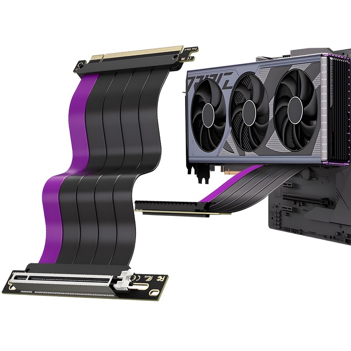 Кабел за вертикален монтаж за видеокарта, GPU Extender Riser Cable PCI-E 4.0, Excitat®, 200mm, 90°, Gaming, Black Purple
