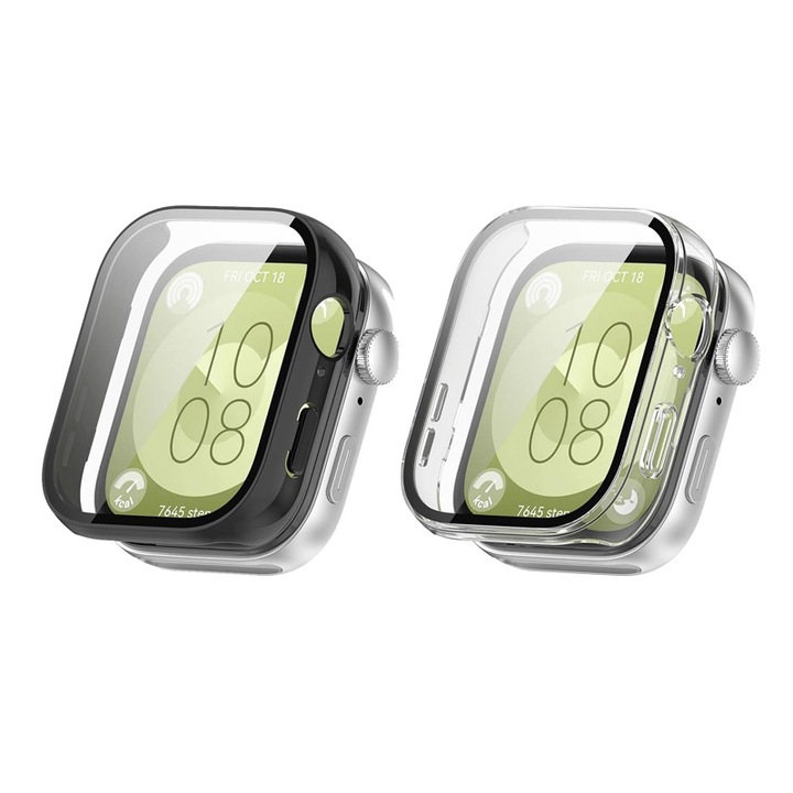 Комплект от 2 калъфа за цялото тяло, съвместими с Huawei Watch Fit 3, протектор за екрана, черен/прозрачен