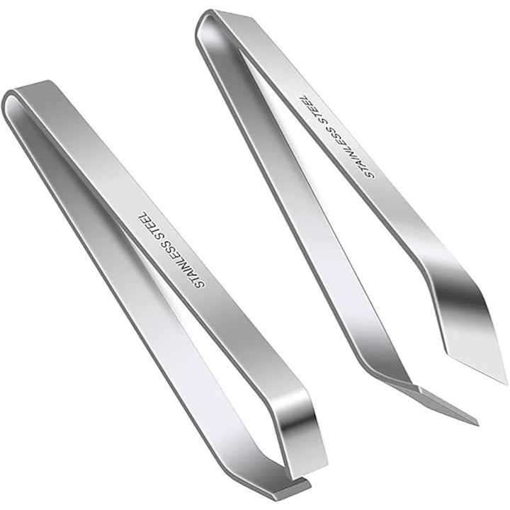 Set 2 pensete pentru oasele de peste, inox, Gura plata - 11x2.5x1.1cm, gura oblica - 12x2.5x1.1cm, Portabil, Argintiu