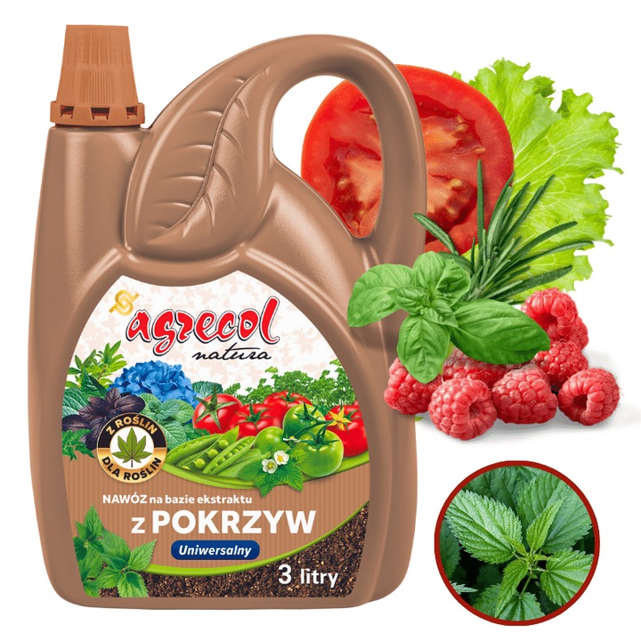 Органичен тор от екстракт от коприва, Agrecol, 3L, Обогатен с естествени хранителни вещества, подпомага растежа на растенията, лесно приложение за зеленчуци, плодове, цветя и стайни растения, екологичен и безопасен за вашата градина