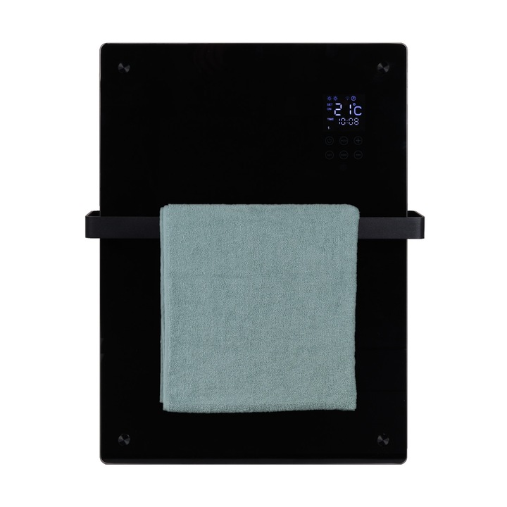 Panou radiant cu convectie pentru baie Eurom, Sani Verre 800 Wifi, control prin aplicatie, temperatura reglabila, timer, termostat, panou tactil, protectie impotriva supraincalzirii, suport prosoape, protectie impotriva stropilor de apa, negru