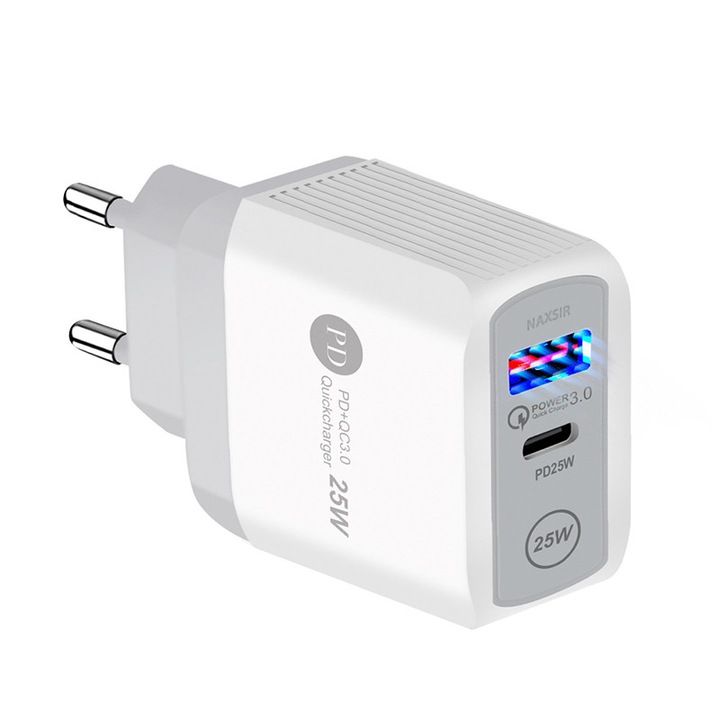 NAXSIR 25W захранващ адаптер, 2 порта, адаптер за гнездо за бързо зареждане, 1 x Type-C 25W бързо зарядно устройство, 1 x USB 3.0, универсална съвместимост, Apple, Samsung, Huawei, Xiaomi, бял