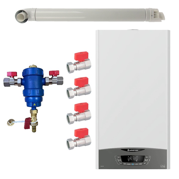 Pachet centrala termica murala Ariston CLAS ONE System 35 kW, in condensare, doar incalzire, gaz natural + GPL, filtru antimagnetita RTM 3/4", set robineti Fornara si kit de evacuare RTM incluse