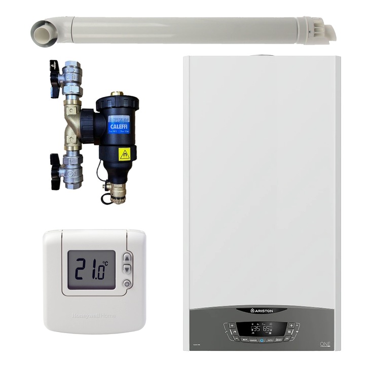 Pachet centrala termica murala Ariston CLAS ONE System 35 kW, in condensare, doar incalzire, termostat Honeywell Wireless DT92, filtru antimagnetita CALEFFI Dirtmag si kit de evacuare RTM incluse