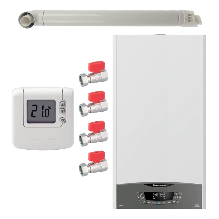 Pachet centrala termica murala Ariston CLAS ONE System 35 kW, in condensare, doar incalzire, termostat Honeywell Wireless DT92, set robineti Fornara si kit de evacuare RTM incluse