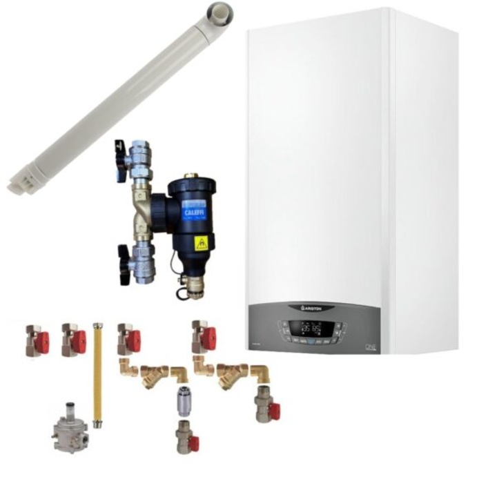 Pachet centrala termica murala Ariston CLAS ONE System 35 kW, in condensare, doar incalzire, cu filtru antimagnetita CALEFFI Dirtmag, kit montaj complet RTM si kit de evacuare RTM incluse