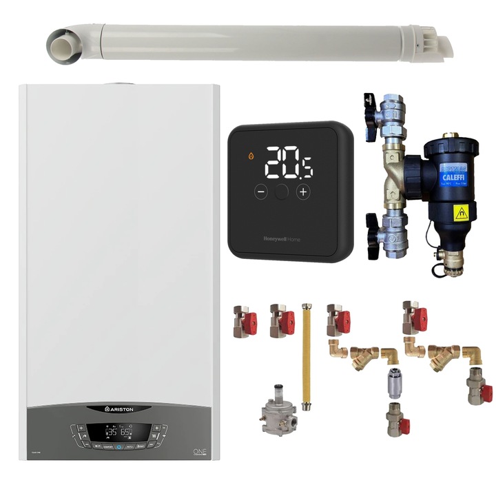 Pachet centrala termica Ariston CLAS ONE System 35 kW, doar incalzire, doar incalzire, termostat Honeywell Wireless DT4R, cu filtru antimagnetita CALEFFI Dirtmag, kit montaj complet RTM si kit de evacuare RTM incluse
