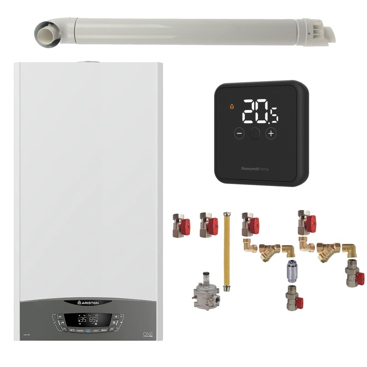 Pachet centrala termica murala Ariston CLAS ONE System 35 kW, in condensare, doar incalzire, termostat Honeywell Wireless DT4R, kit montaj complet RTM si kit de evacuare RTM incluse