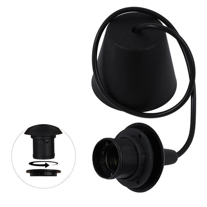 Cablu adaptor, Light Home, E27, 230 V, IP 20, Racord Hook-on, Universal, Loft, Lungime 75 cm, Latime 70 mm, Mushroom, Negru