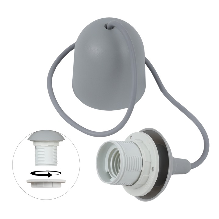Cablu adaptor, Light Home, E27, 230 V, IP 20, Suport carlig, Universal, Lungime 100 cm, Latime 70 mm, Mushroom, Gri, Alb