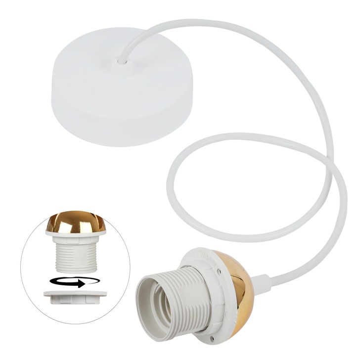 Cablu adaptor, Light Home, E27, 230 V, IP 20, Racord, Universal, Lungime 100 cm, Latime 50 mm, Conic, Alb, Aur