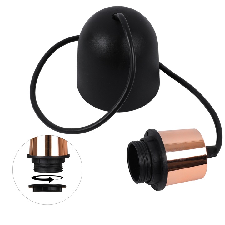 Cablu adaptor, Light Home, E27, 230 V, IP 20, Suport carlig, Universal, Lungime 100 cm, Latime 50 mm, Cupa, Negru, Cupru