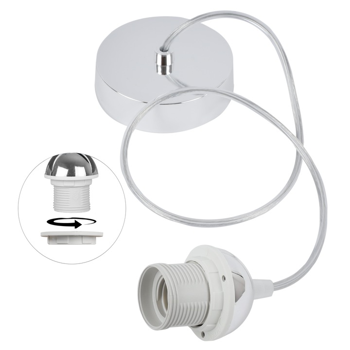 Cablu adaptor, Light Home, E27, 230 V, IP 20, Racord cu stift, Universal, Lungime 100 cm, Latime 50 mm, Conic, Crom, Alb