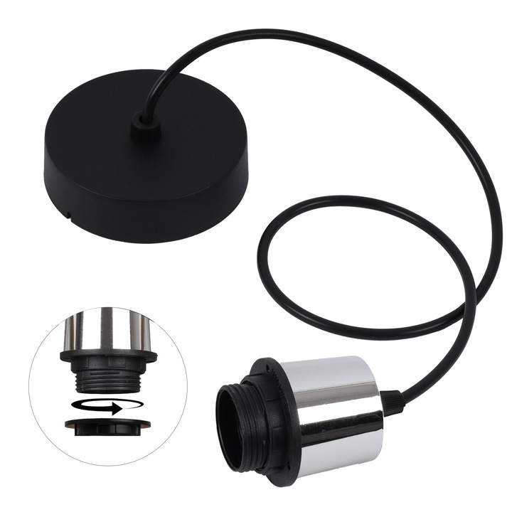 Cablu adaptor, Light Home, E27, 230 V, IP 20, Racord, Universal, Lungime 100 cm, Latime 50 mm, Cupa, Negru, Crom