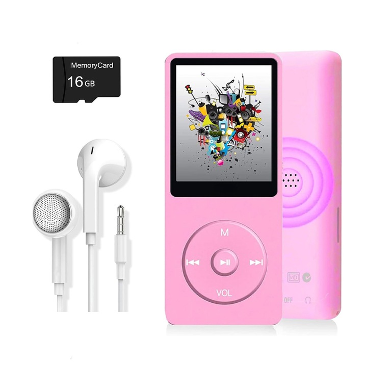 MP3 zenelejátszó, Rqiurpn, 16 GB, beépített hangszóró, hordozható, könnyű, Bluetooth 5.0, Zajszűrés, rózsaszín